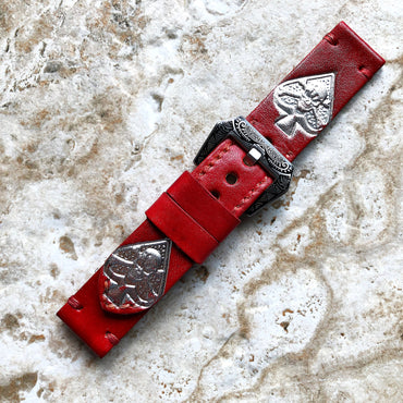 Ace of Spades Band 22mm 24mm 25mm Compatible with Apple Watch Fitbit Versa 2 3 4 Sense 2 Ionic Accented Embossed Tooled Real Leather Strap