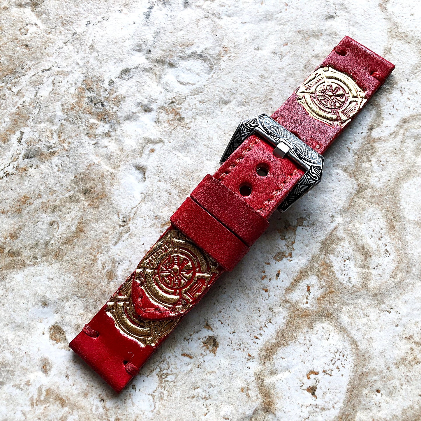 Firefighter Badge Band 22mm 24mm 25mm Compatible with Apple Watch Fitbit Versa 2 3 4 Sense 2 Ionic Accented Embossed Handmade Leather Strap