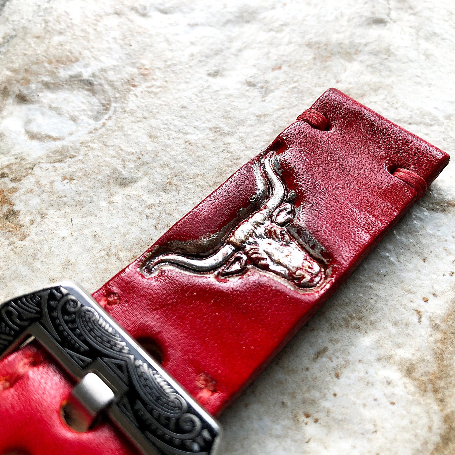 Longhorn Bull Band 22mm 24mm 25mm Compatible with Apple Watch Fitbit Versa 2 3 4 Sense 2 Ionic Accented Embossed Tooled Real Leather Strap