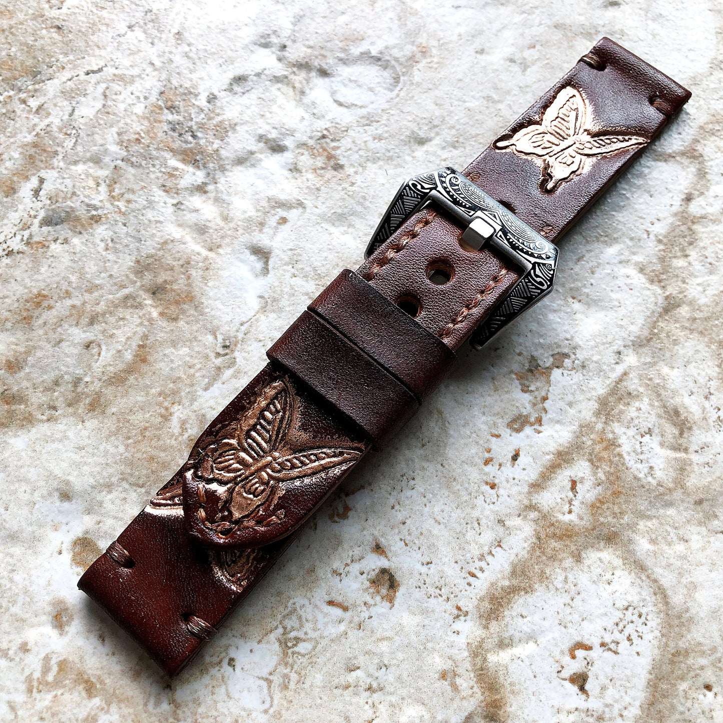 Monarch Butterfly Band 22mm 24mm 25mm Compatible with Apple Watch Fitbit Versa 2 3 4 Sense 2 Ionic Accented Embossed Leather Handmade Strap