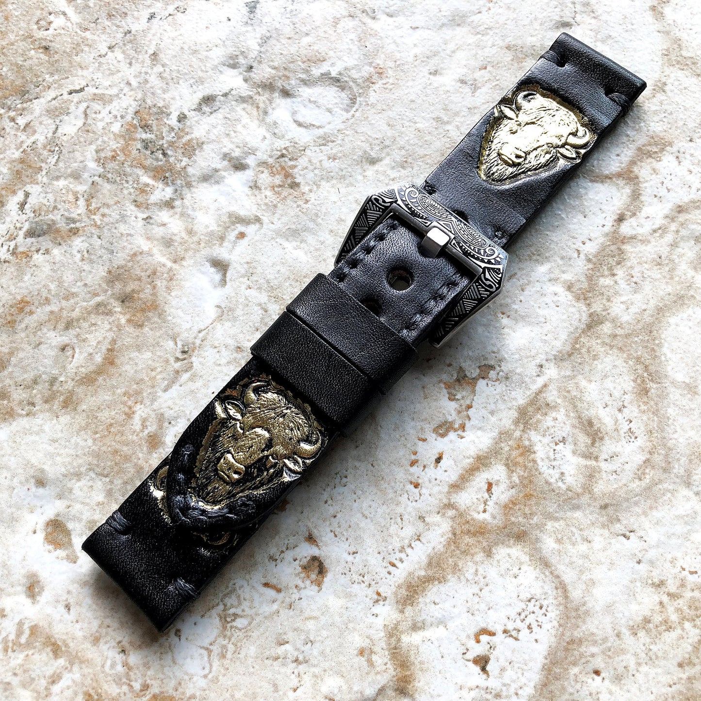 N American Bison Band 22mm 24mm 25mm Compatible with Apple Watch Fitbit Versa 2 3 4 Sense 2 Ionic Accented Embossed Tooled Leather Strap