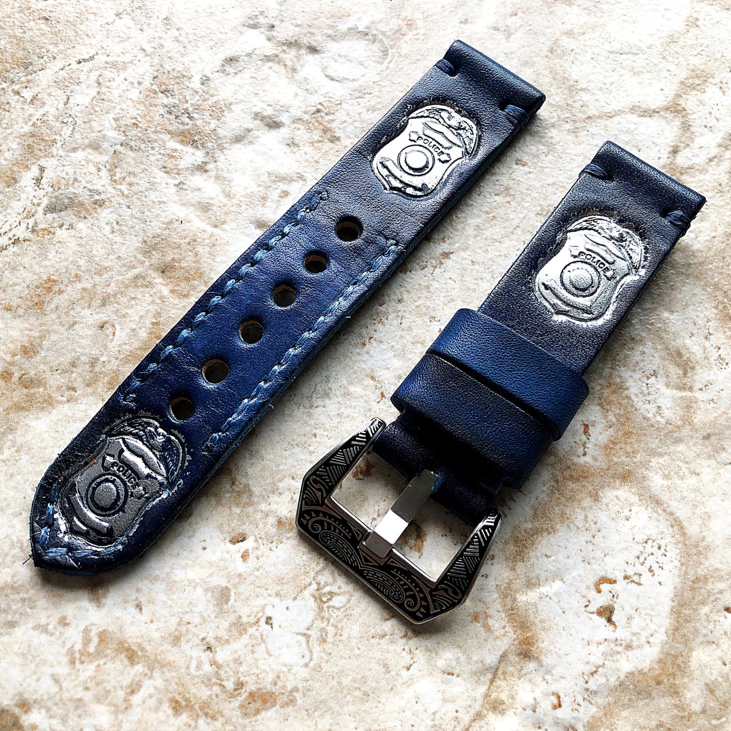 Police Badge Band 22mm 24mm 25mm Compatible with Apple Watch Fitbit Versa 2 3 4 Sense 2 Ionic Accented Embossed Handmade Real Leather Strap