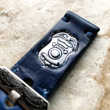 Police Badge Band 22mm 24mm 25mm Compatible with Apple Watch Fitbit Versa 2 3 4 Sense 2 Ionic Accented Embossed Handmade Real Leather Strap