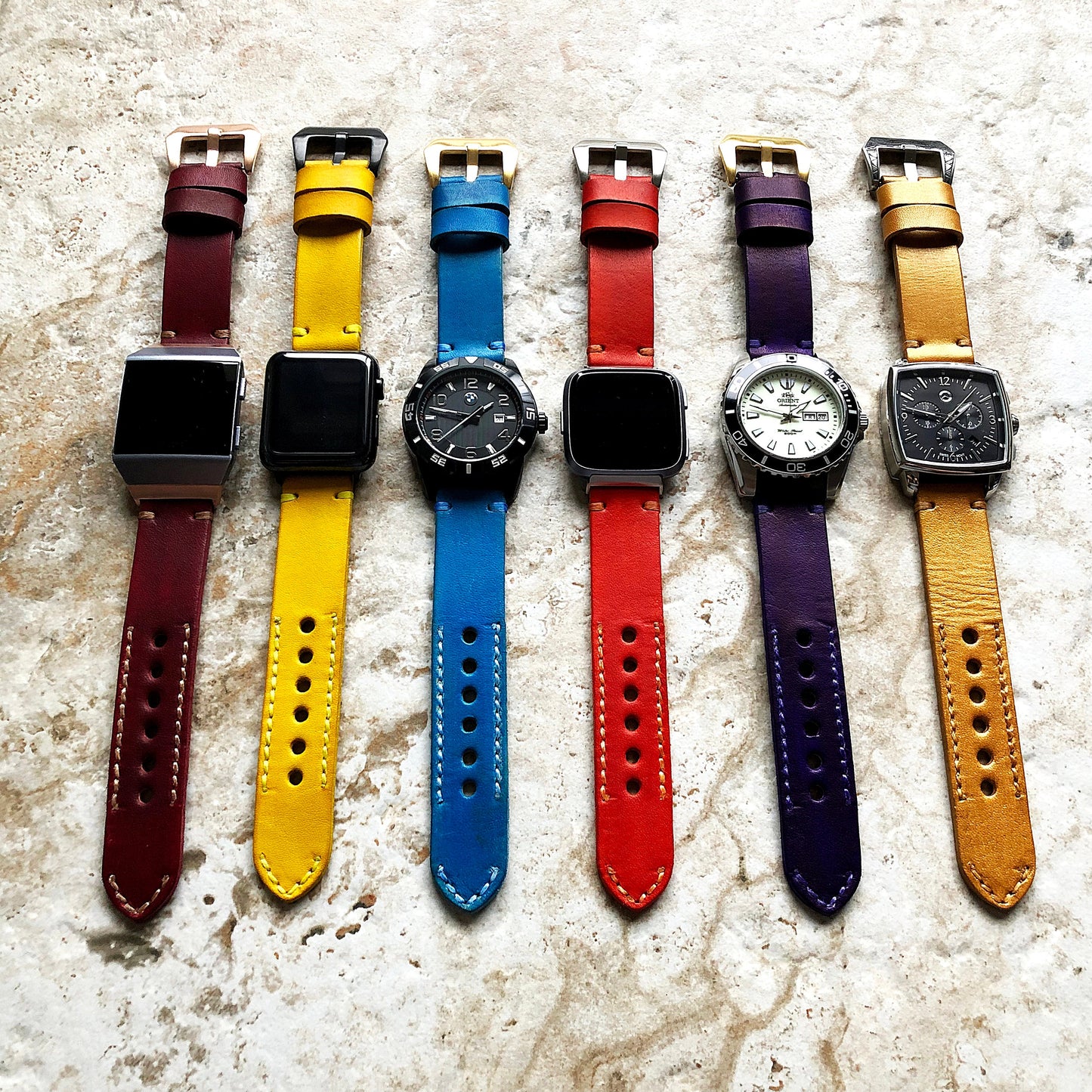 22mm Watch Band Yellow Color Leather Compatible with Apple Ultra 2 9 8 7 SE 6 5 4 3 2 Watch Fitbit Versa 2 3 4 Sense 2 Ionic Handmade Strap