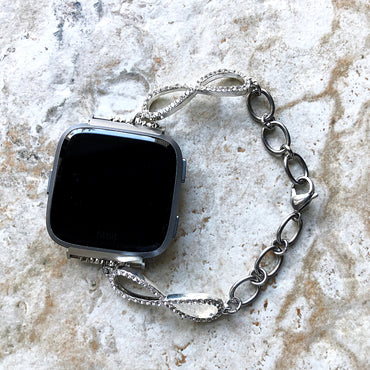 Versa 2 3 4 Sense 2 Infinity Symbols w Crystals Bracelet for Fitbit Smartwatch Band Tarnish Resistant Silver Color Stainless Steel & Brass