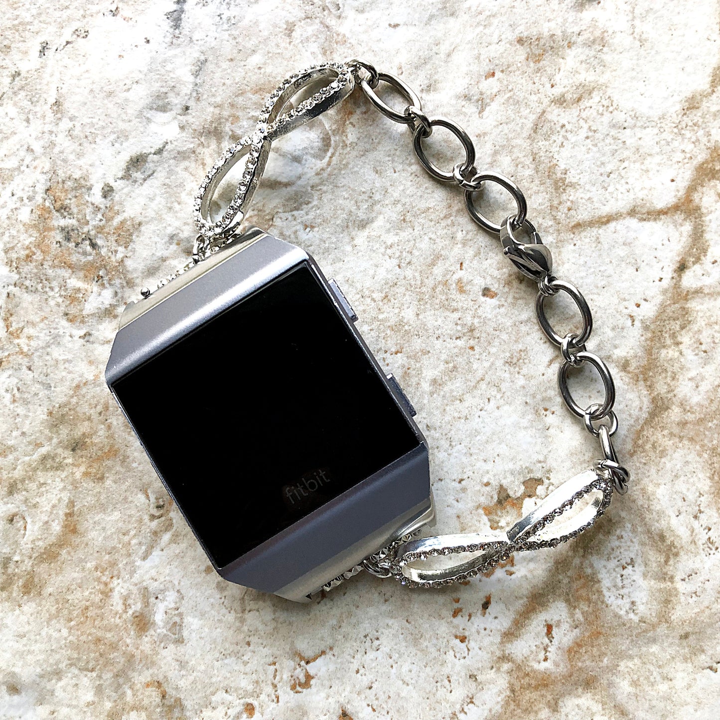 Fitbit Ionic Infinity Symbols with Crystals Bracelet for Fitness Tracker Smartwatch Band Tarnish Resistant Silver Color Stainless Steel