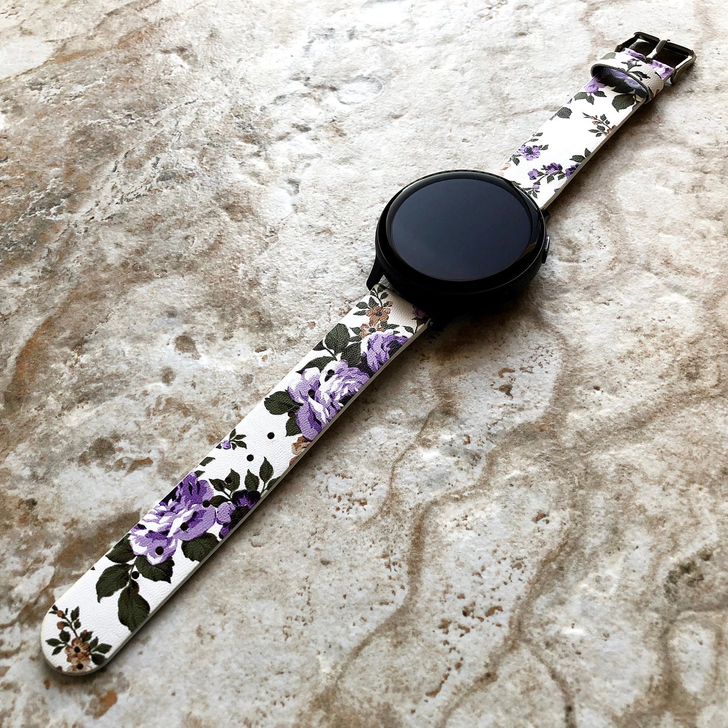 Samsung FL-4 Band for Galaxy Watch Active 2 40mm 42mm 44mm Soft Purple Floral Bracelet Cuff Leather Wristband Strap with Quick Release Pins