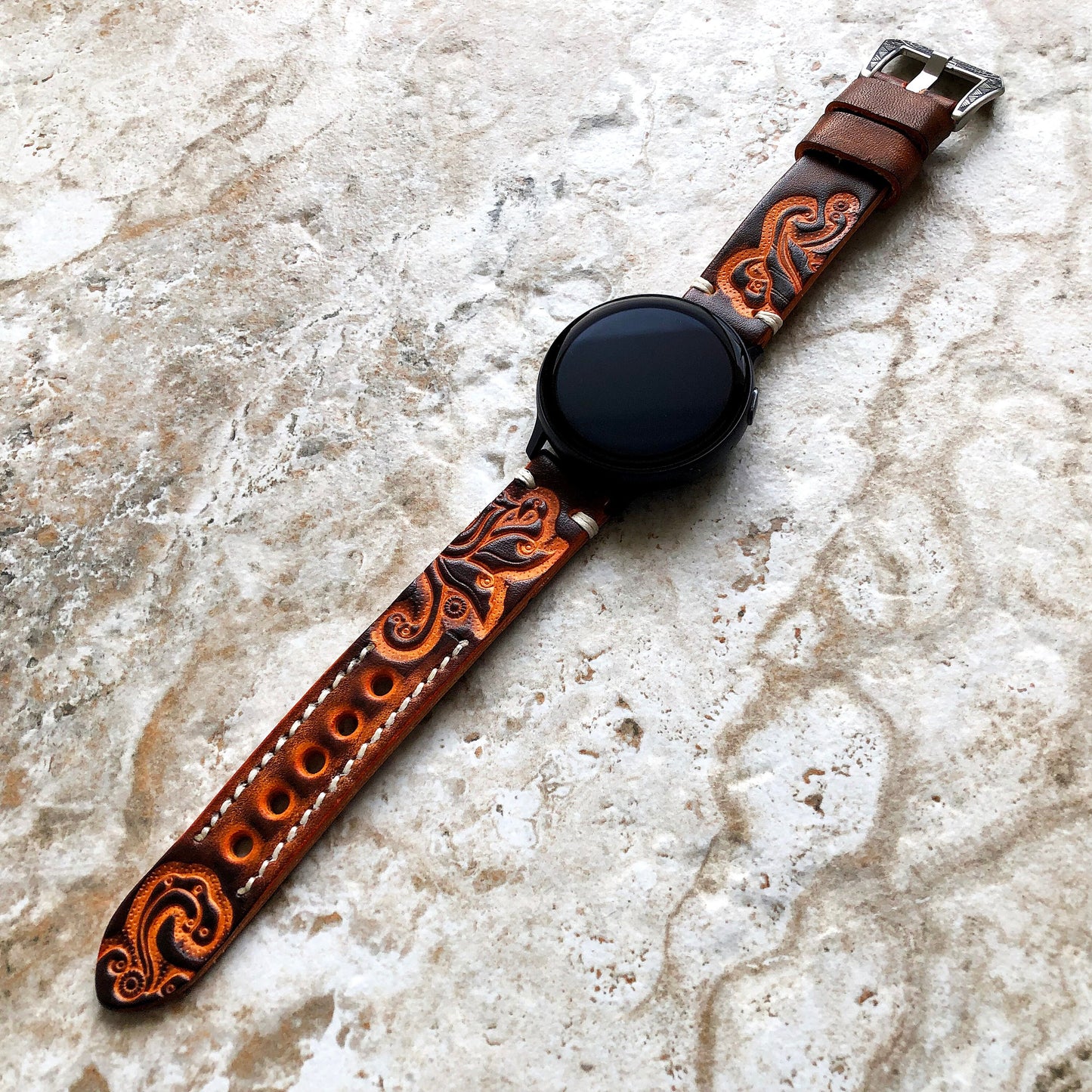 Brown & Orange Leather Band Samsung Galaxy Watch 3 Active 2 40mm 41mm 42mm 44mm Case Tooled Embossed Bracelet Wristband Strap Pins Tool B20