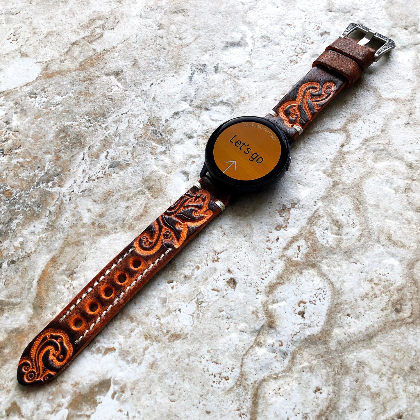 Brown & Orange Band for Samsung Watch 7 6 5 4 40mm 44 45mm Classic 42mm 43 46mm 47mm Embossed Leather Bracelet Wristband Strap Pins Tool B20