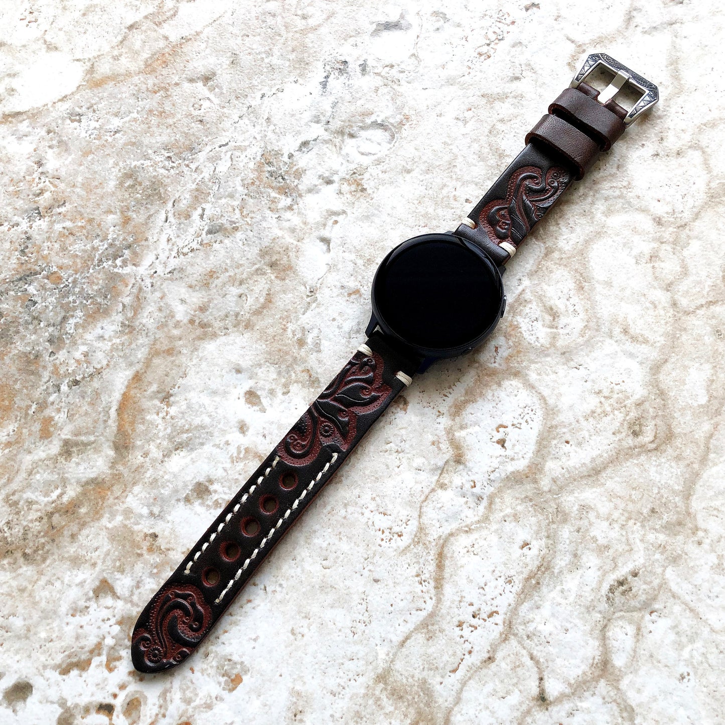 Dark Brown Leather Band for Samsung Galaxy Watch 3 Active 2 40mm 41mm 42mm 44mm Case Tooled Embossed Bracelet Wristband Strap Pins Tool B20