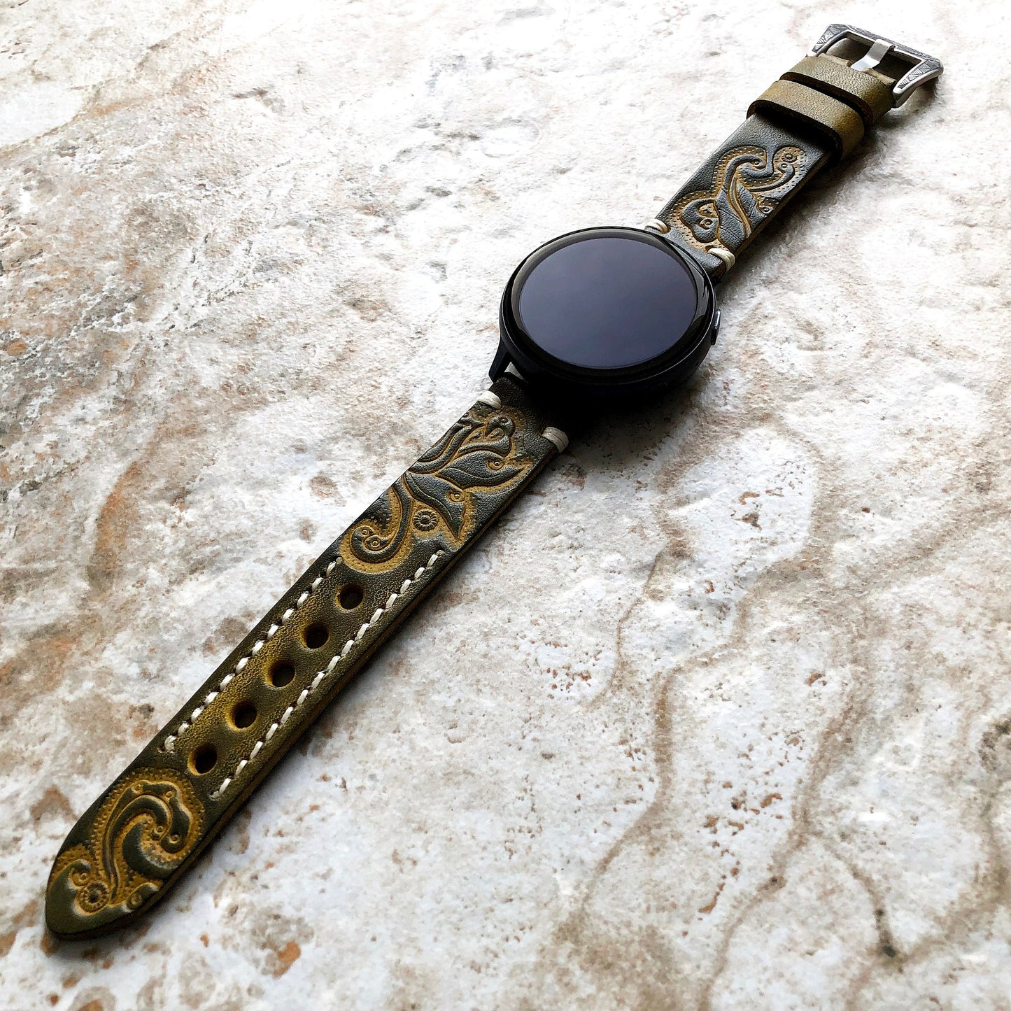 Samsung Green & Yellow Band for Galaxy Watch Active 2 40mm 42mm 44mm Premium Leather Bracelet Cuff Wristband Strap Tooled Embossed Pins Tool