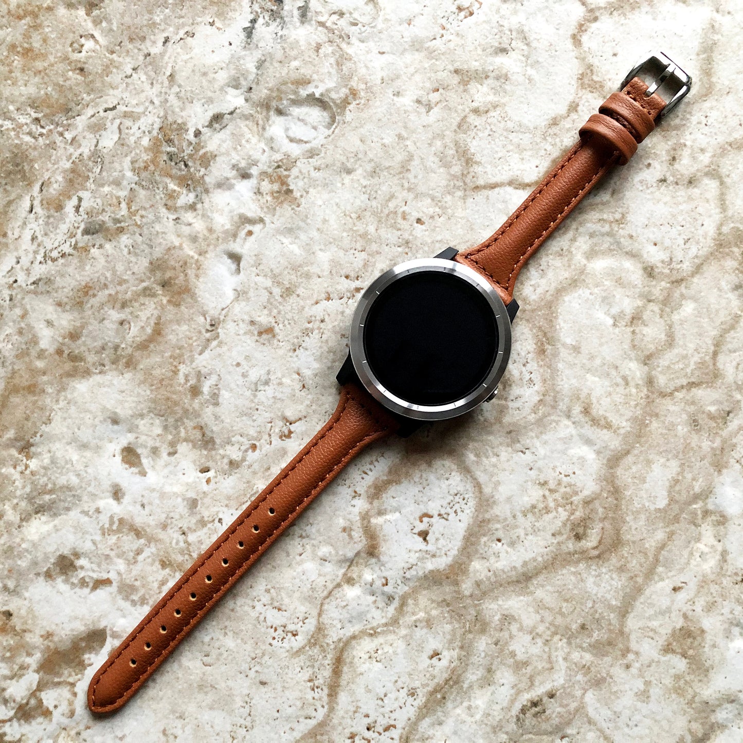 Garmin Brown Elegant Band for Vivoactive 5 3 and Music (Verizon) Slim Leather with Stitches Bracelet Strap Cuff Wristband Quick Release B20