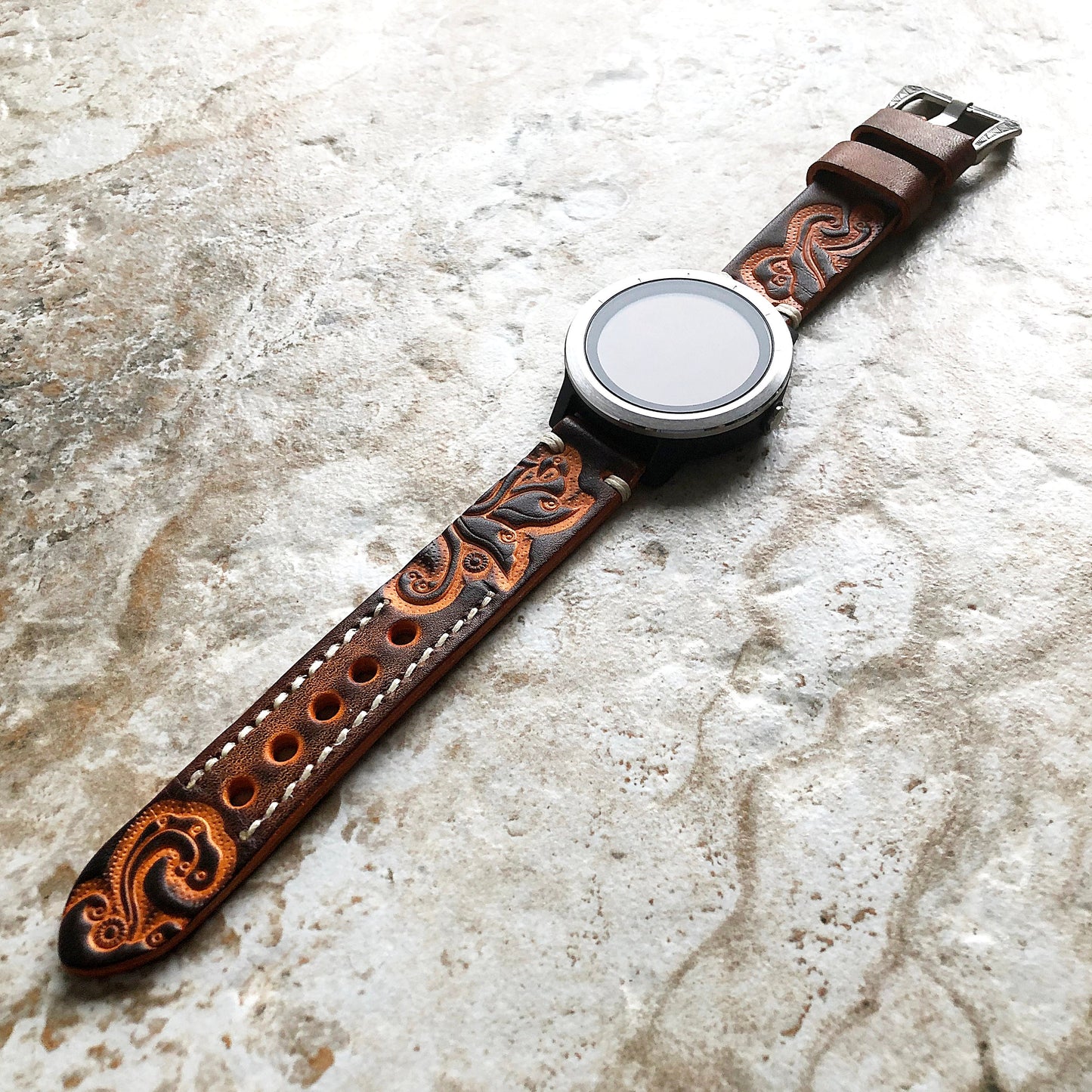 Garmin Brown Orange Band for Vivoactive 5 3 and Music (Verizon) too Tooled Embossed Handmade Premium Leather Bracelet Pins Buckle Tool B20
