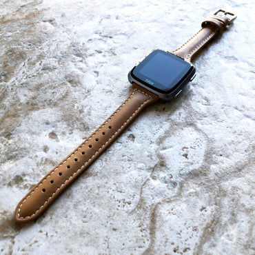Fitbit Versa Lite 2 3 4 Sense 2 Band Light Brown Slim Elegant Leather Strap with Stitching and Quick Release Pins Adapters Silver Rose Gold