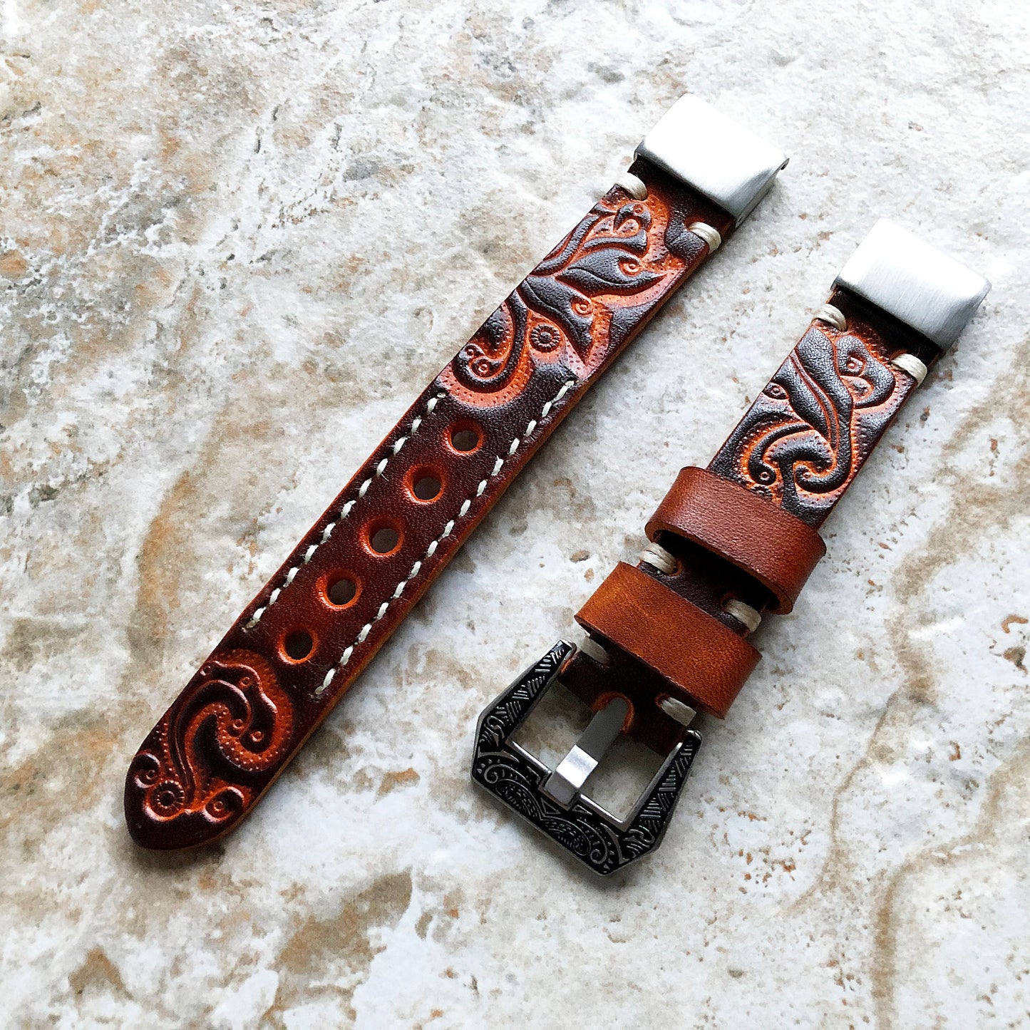 Garmin Brown and Orange Band for epix Pro Gen 2 42mm and fenix 6S Pro 5S fenix 5S Plus Tooled Embossed Leather Quick Fit Watch Strap A20-B18