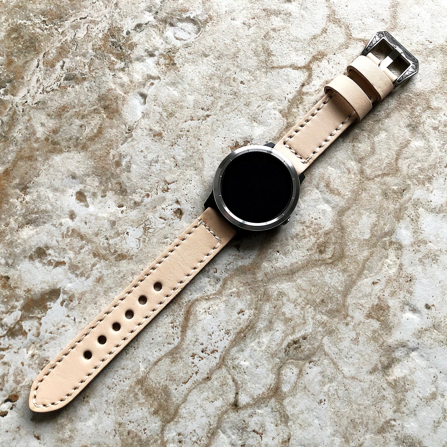 Garmin Veggie Tanned Leather Band for Venu GPS Smartwatch Natural Color Premium Bracelet with Stitches Cuff Wristband Strap Pins Tool V20