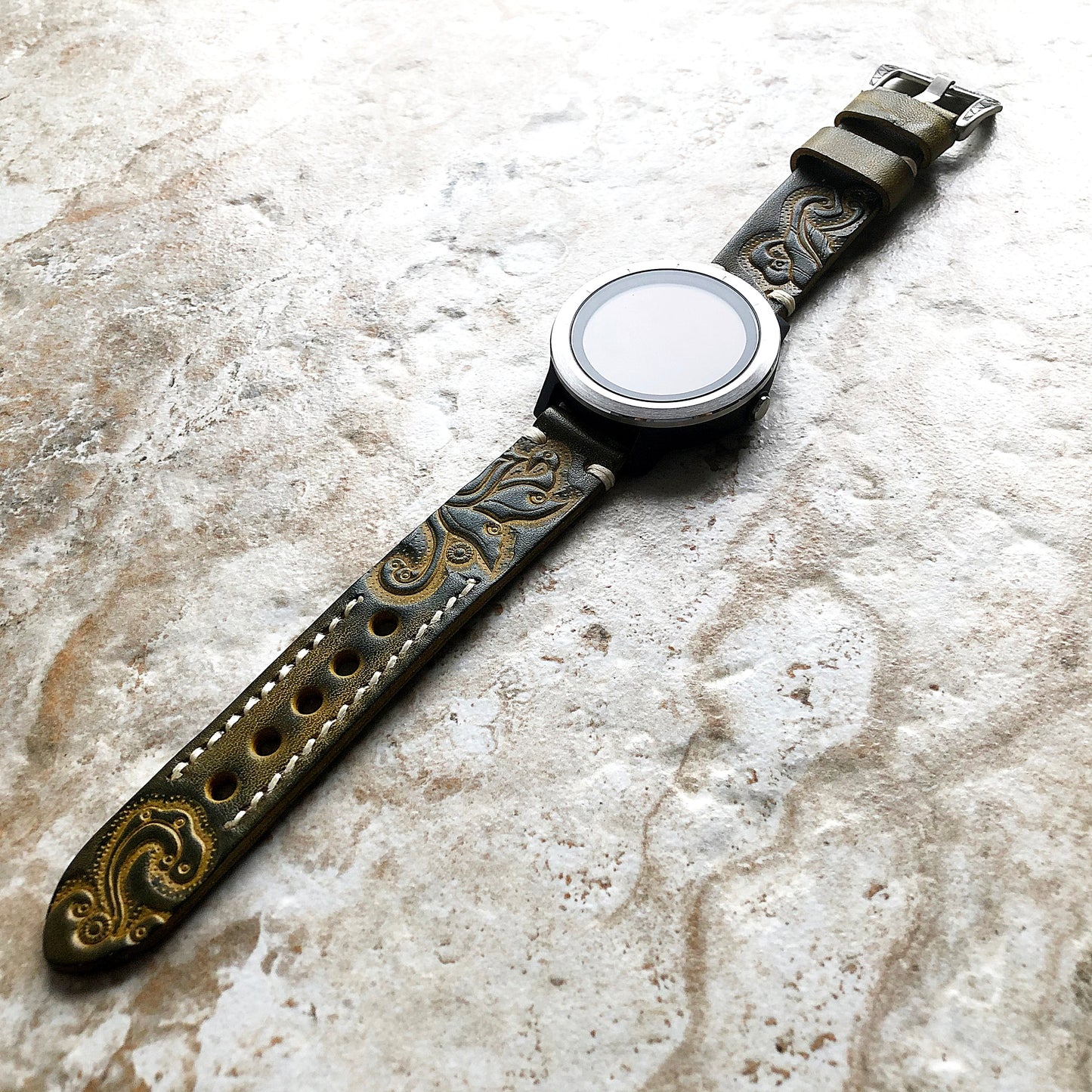 Green & Yellow Band Compatible with Garmin D2 Air X10 Venu 2 Plus and Venu Sq 2 Music Embossed Handmade Leather Strap Pins Buckle Tool B20