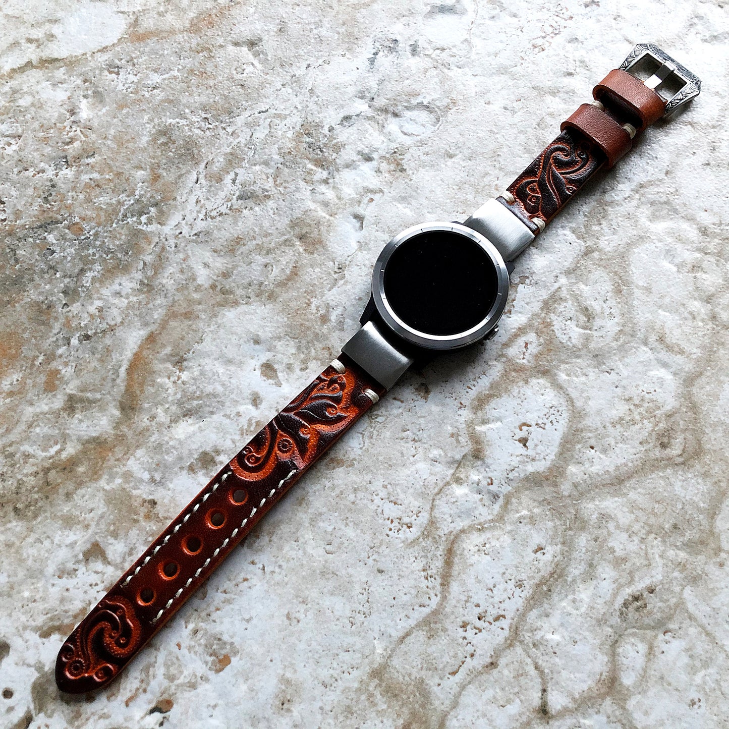 Garmin Brown and Orange Band for epix Pro Gen 2 42mm and fenix 6S Pro 5S fenix 5S Plus Tooled Embossed Leather Quick Fit Watch Strap A20-B18