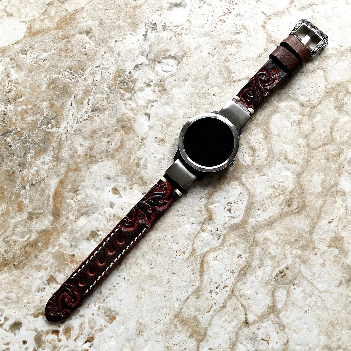 Garmin Dark Brown Band for D2 Delta S Instinct 2S Descent Mk2S Mk3 Mk3i 43mm Approach S70 42mm Embossed Leather Quick Fit Strap A20-B18