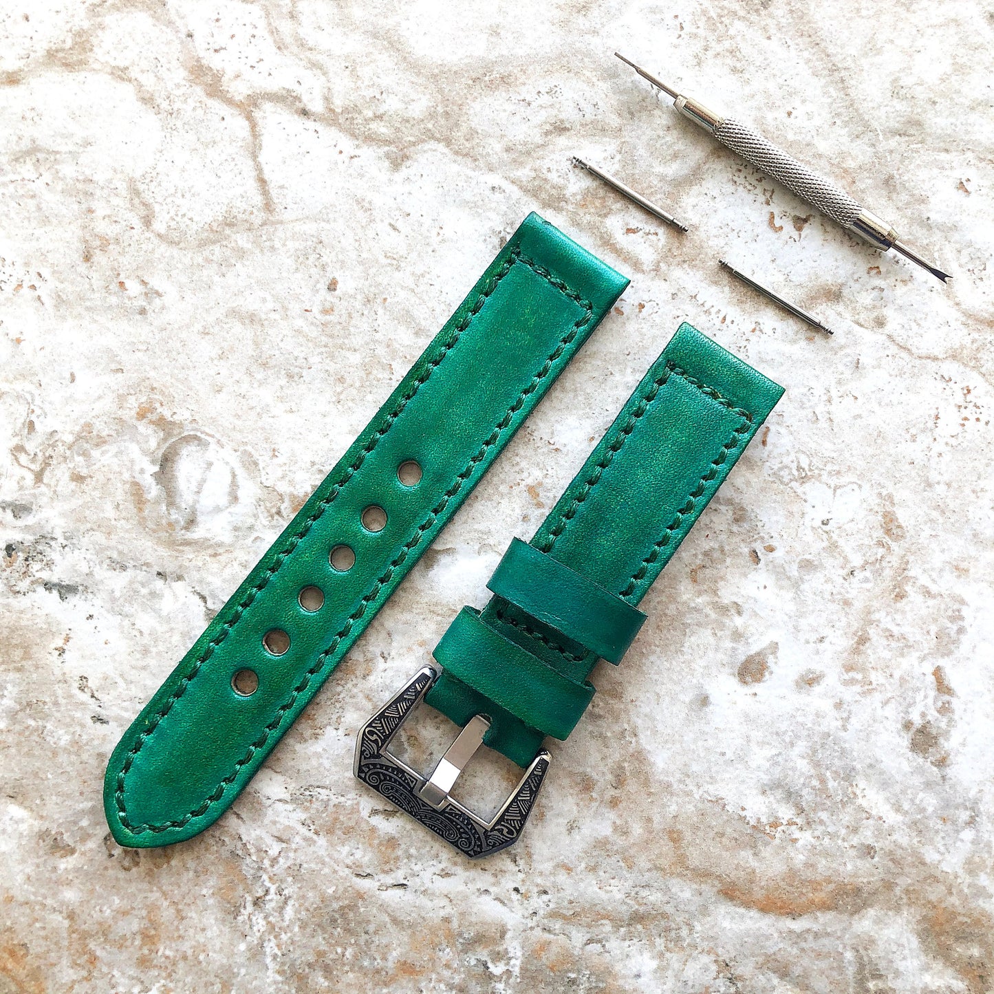 Brushed Green Band for Samsung Watch 7 6 5 4 40mm 44mm 45mm Classic 42mm 43 46mm 47mm Premium Leather Stitches Wristband Strap Pins Tool B20