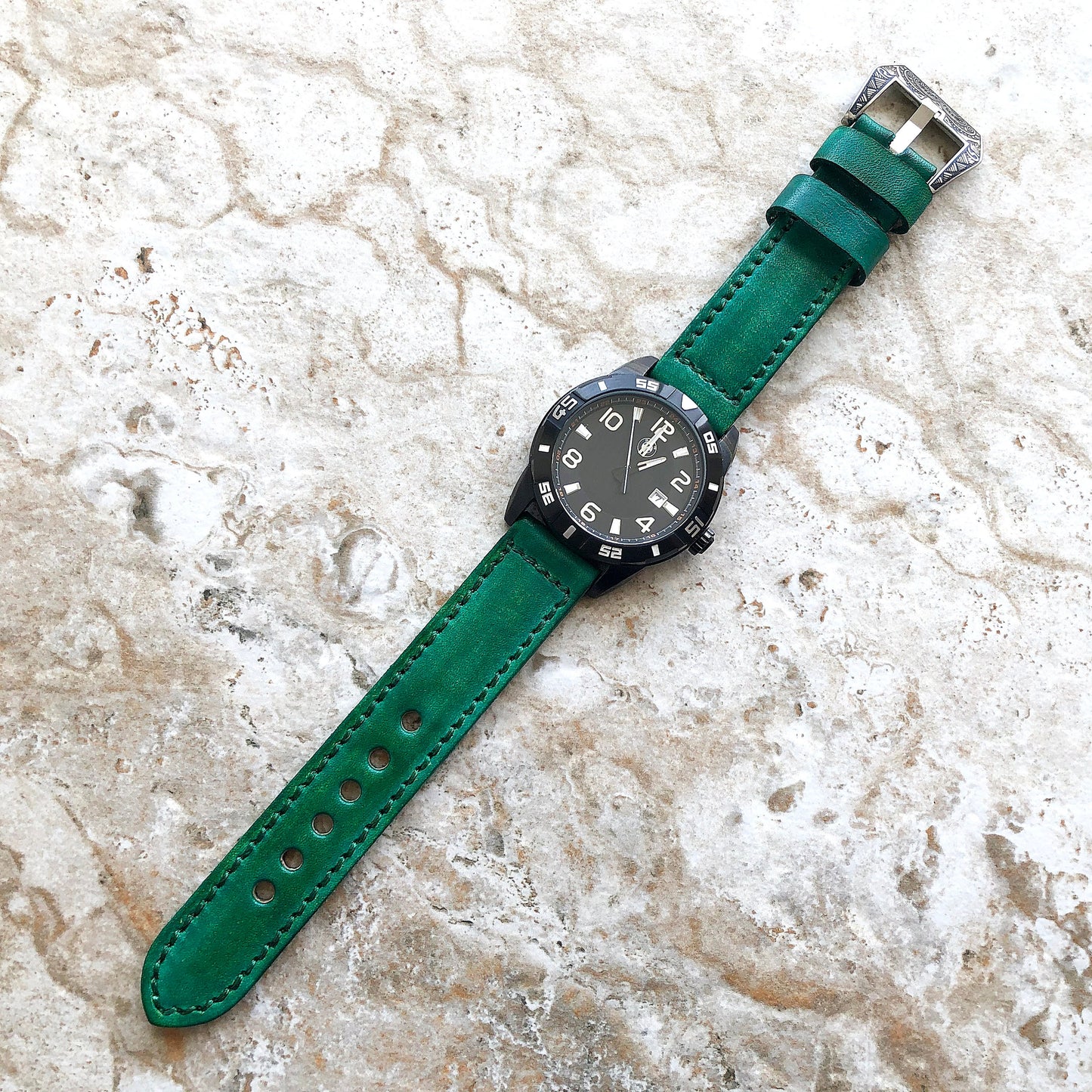 Brushed Green Band for Samsung Watch 7 6 5 4 40mm 44mm 45mm Classic 42mm 43 46mm 47mm Premium Leather Stitches Wristband Strap Pins Tool B20