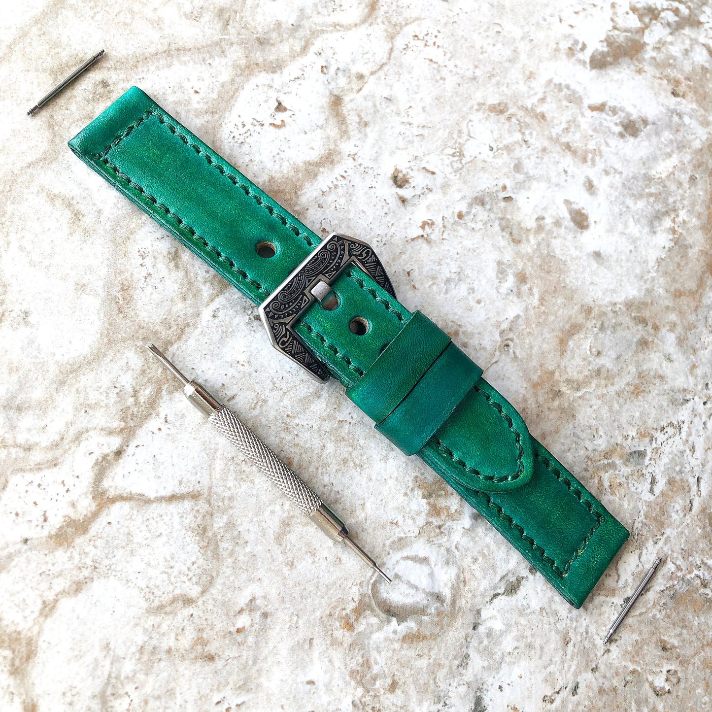 Brushed Green Band for Samsung Watch 7 6 5 4 40mm 44mm 45mm Classic 42mm 43 46mm 47mm Premium Leather Stitches Wristband Strap Pins Tool B20