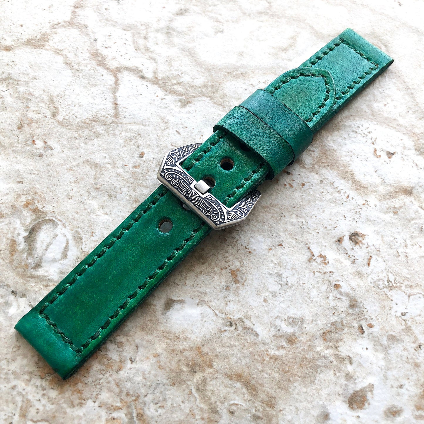 18mm 20mm 22mm 24mm Brushed Green Color Handmade Double Sided Stitched Premium Genuine Leather Watch Band Strap Kit for Watches - Pins Tool