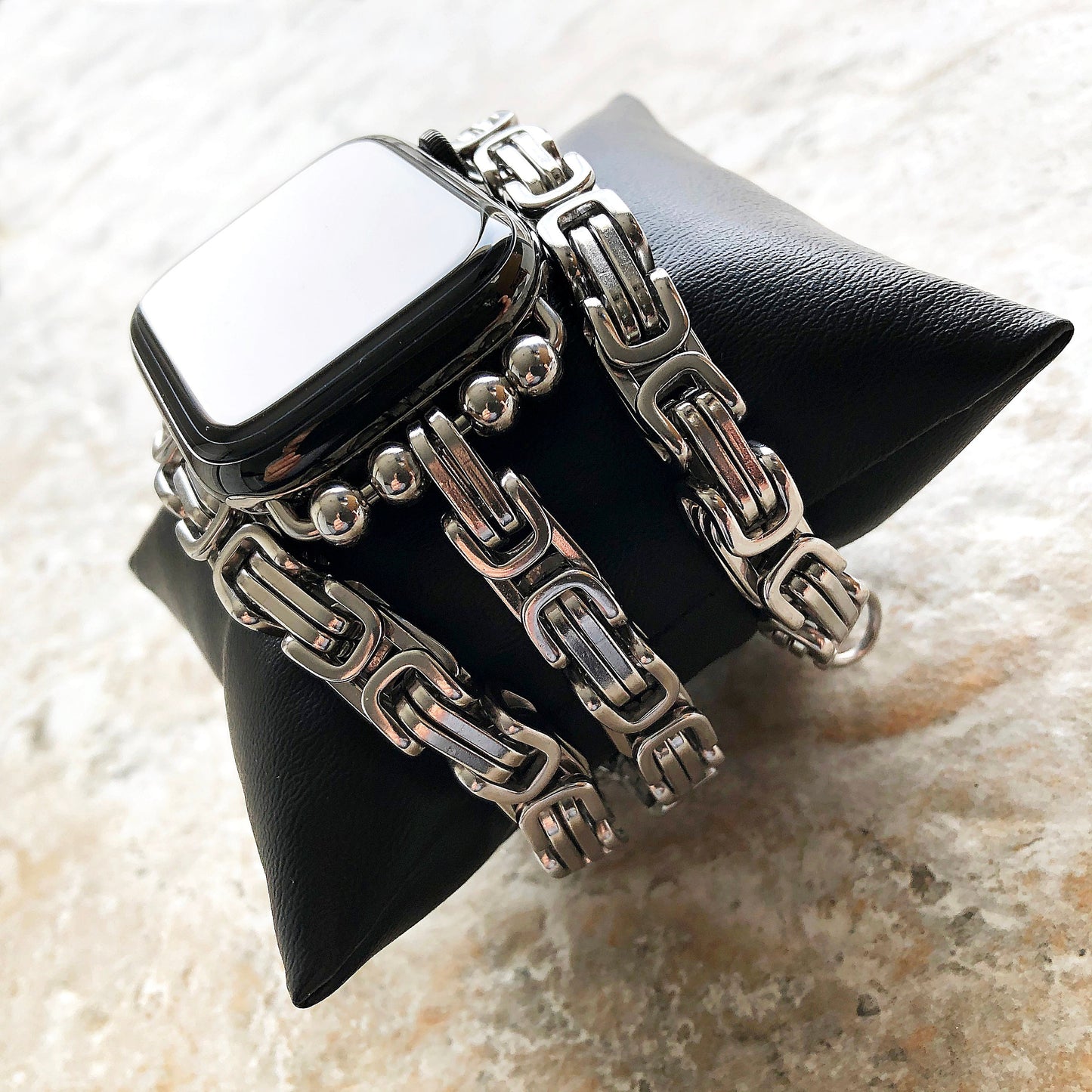 Apple Band Bracelet for iWatch Ultra 2 49mm and 9 8 Series 41mm 45mm Case Byzantine 8mm Chain Silver Stainless Steel Strap Tarnish Resistant