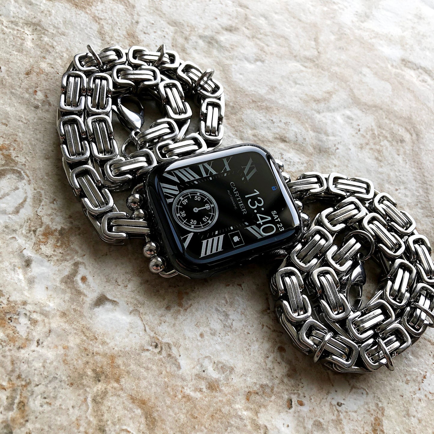 Apple Band Bracelet for iWatch Ultra 2 49mm and 9 8 Series 41mm 45mm Case Byzantine 8mm Chain Silver Stainless Steel Strap Tarnish Resistant