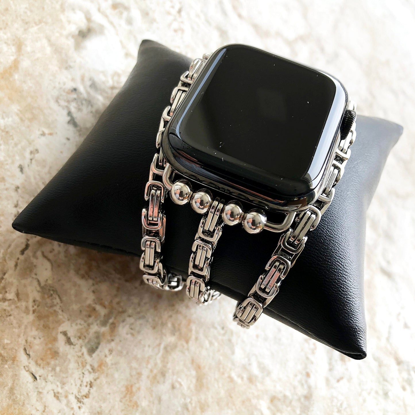 Apple Watch Band Bracelet for iWatch Ultra 2 and 9 8 Series 41mm 45mm 49mm Case Byzantine 4mm Chain Links Stainless Steel Strap Silver Color