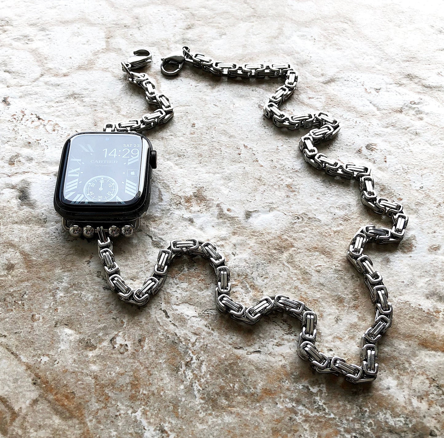 Apple Watch Band Bracelet for iWatch Ultra 2 and 9 8 Series 41mm 45mm 49mm Case Byzantine 4mm Chain Links Stainless Steel Strap Silver Color