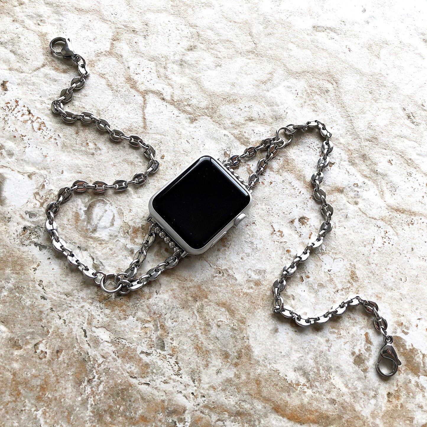 Apple Watch Band Bracelet for iWatch Ultra 2 and 9 8 Series 41mm 45mm 49mm Case Coffee Bean 5mm Chain Links Silver Stainless Steel Strap