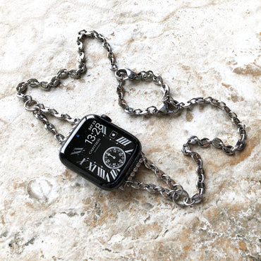 Apple Watch Band Bracelet for iWatch Ultra 2 and 9 8 Series 41mm 45mm 49mm Case Coffee Bean 5mm Chain Links Silver Stainless Steel Strap