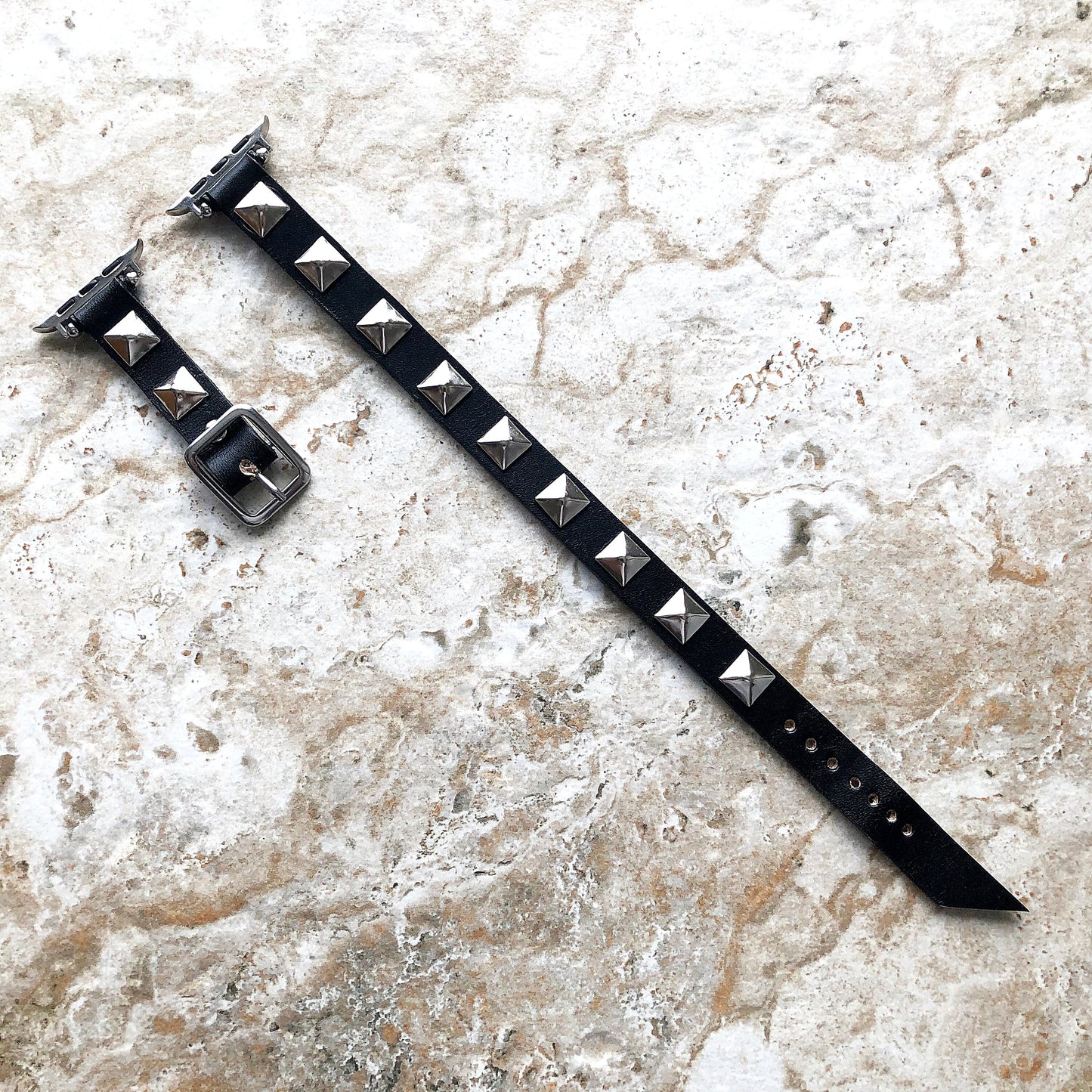 Apple Band for iWatch Ultra 2 9 8 7 SE 6 5 4 3 2 1 38mm 40mm 41mm 42 44 45mm 49mm Black Leather & Silver Pyramids Bracelet Twice Double Wrap