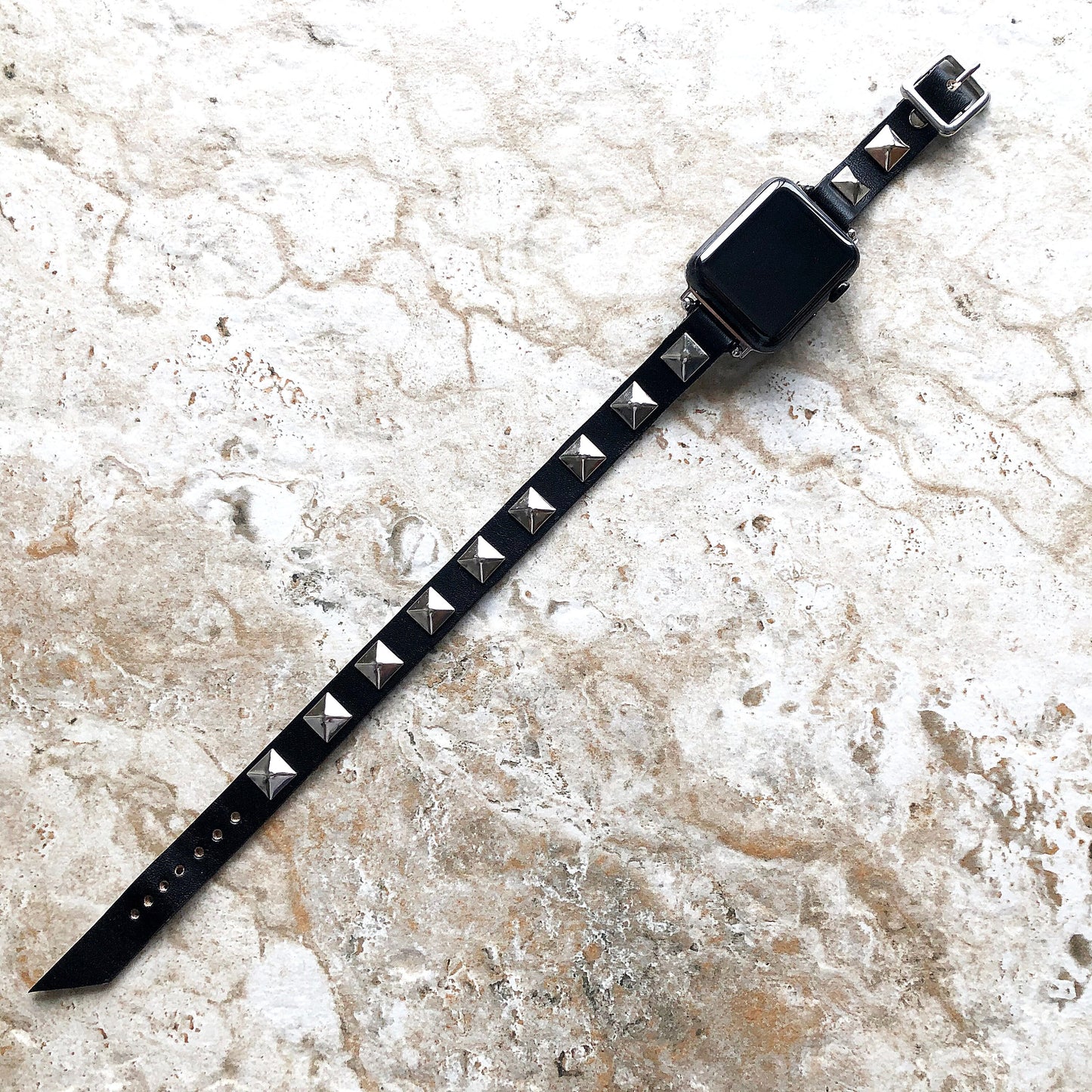 Apple Band for iWatch Ultra 2 9 8 7 SE 6 5 4 3 2 1 38mm 40mm 41mm 42 44 45mm 49mm Black Leather & Silver Pyramids Bracelet Twice Double Wrap