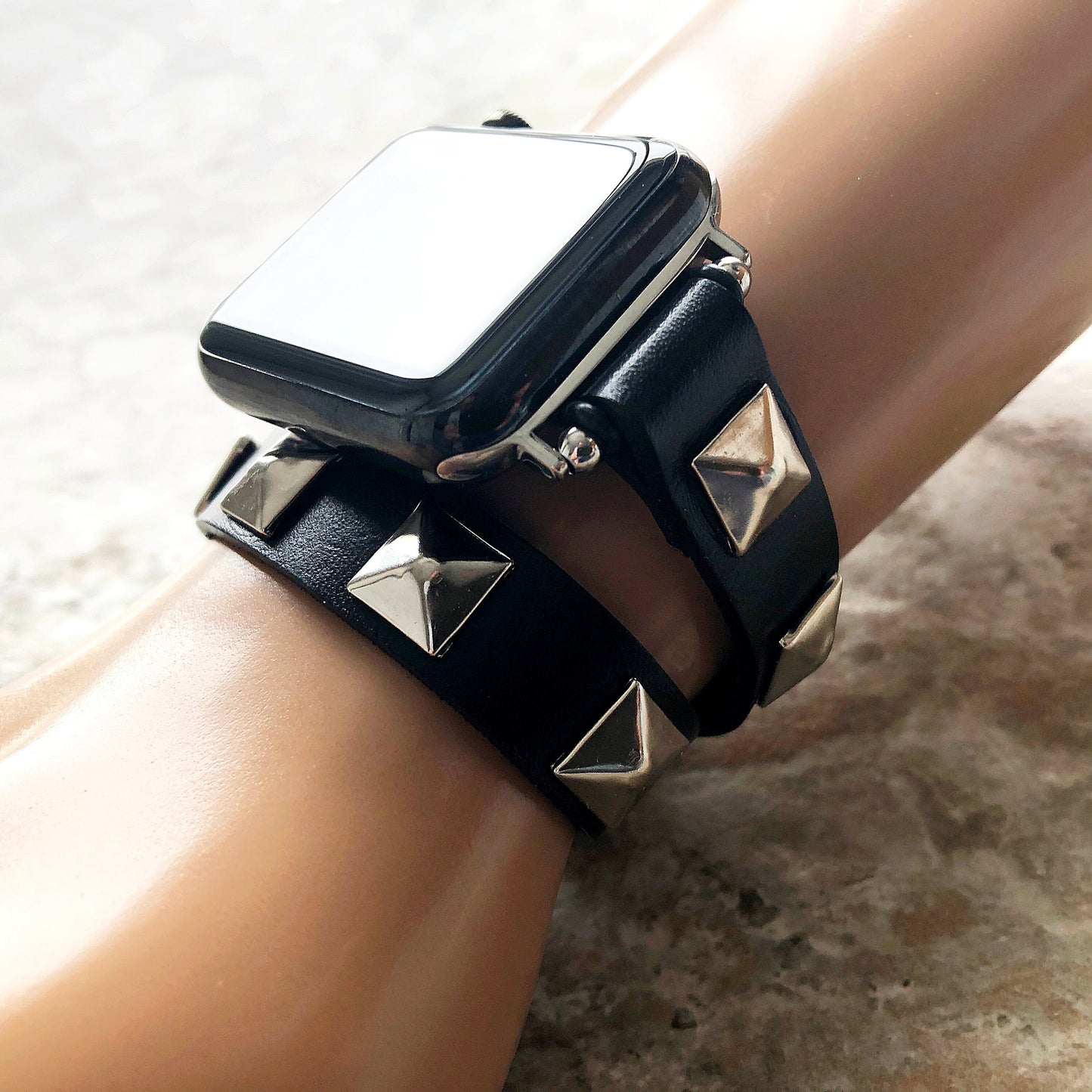 Apple Band for iWatch Ultra 2 9 8 7 SE 6 5 4 3 2 1 38mm 40mm 41mm 42 44 45mm 49mm Black Leather & Silver Pyramids Bracelet Twice Double Wrap