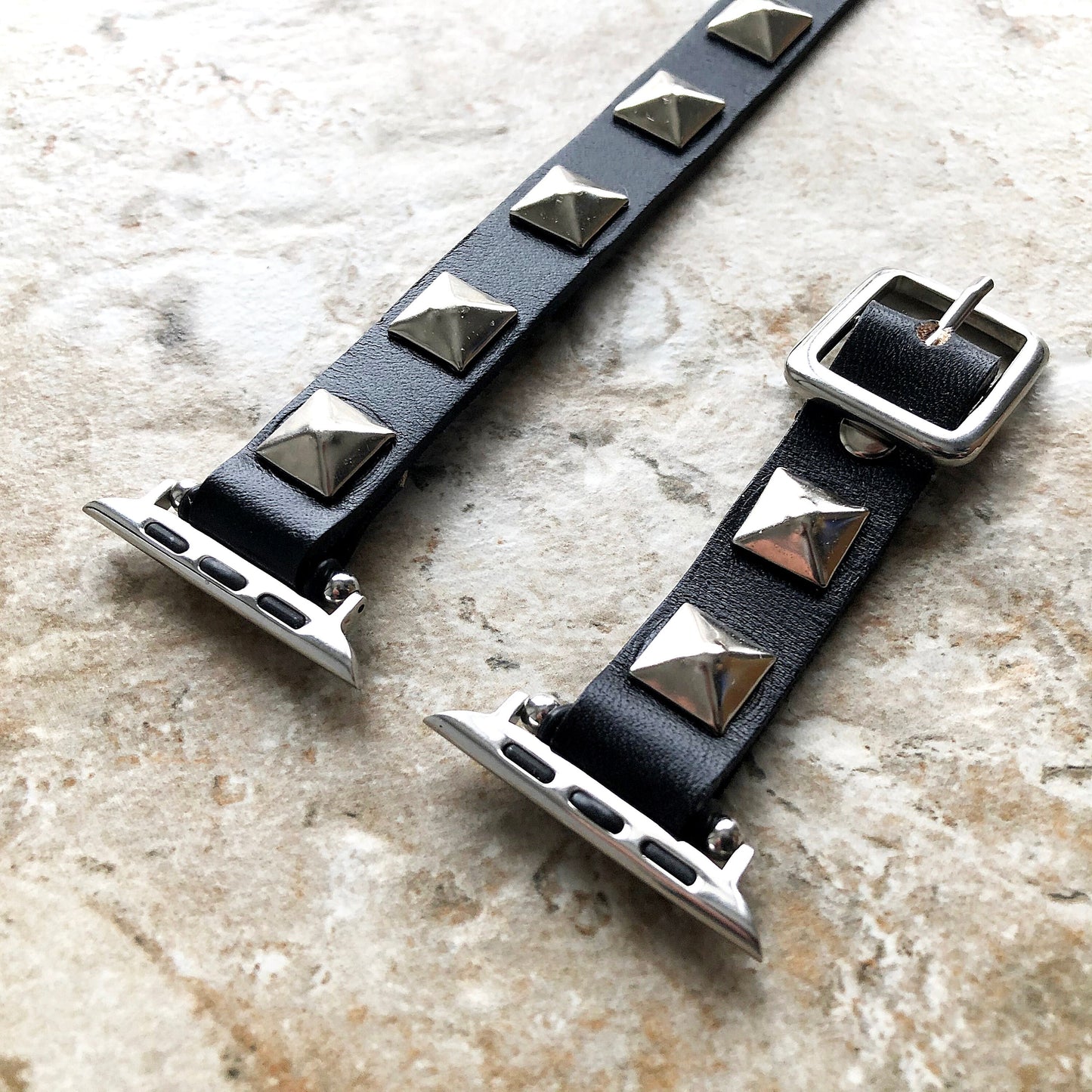 Apple Band for iWatch Ultra 2 9 8 7 SE 6 5 4 3 2 1 38mm 40mm 41mm 42 44 45mm 49mm Black Leather & Silver Pyramids Bracelet Twice Double Wrap