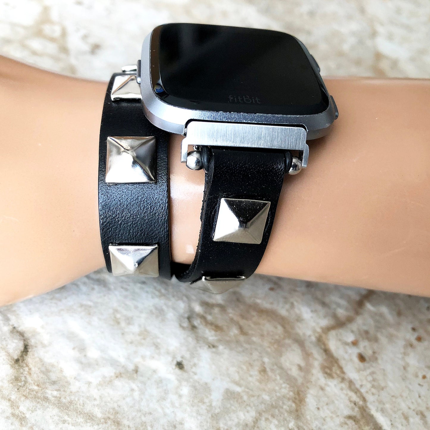 Fitbit Versa 2 3 4 Sense 2 New Black Leather Bands with Silver Color Pyramids Bracelet Twice Double Wrap Around Wrist Straps Style Unisex