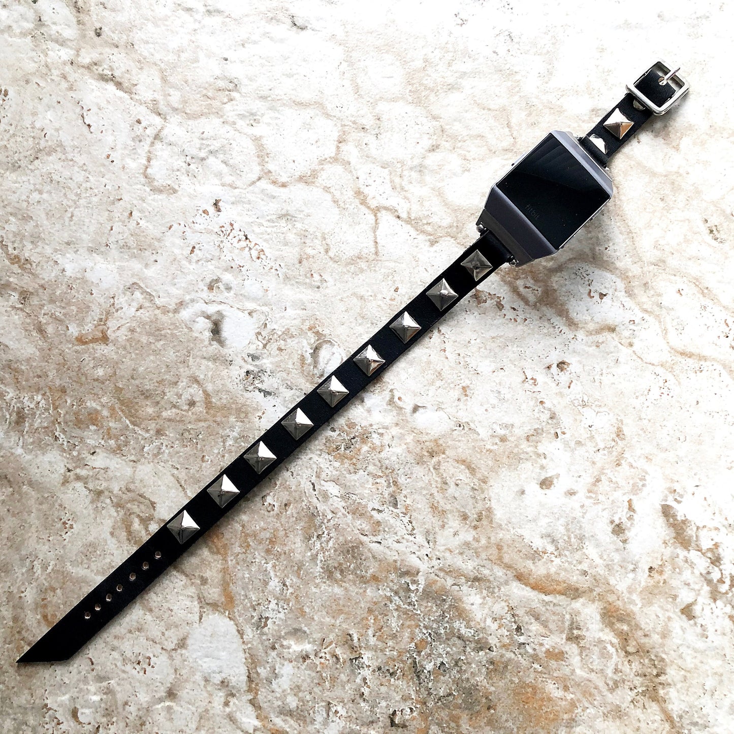 New Bands for Fitbit Ionic Versa Sense Charge Inspire Black Leather with Silver Color Pyramids Bracelet Twice Double Wrap Around Wrist Strap