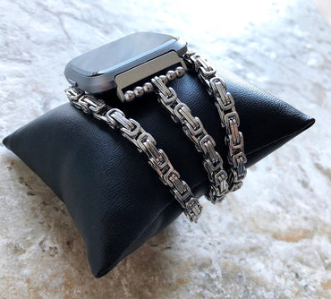 Fitbit Versa 2 3 4 Sense 2 Handmade Bracelet Band Byzantine Chain 4mm Triple Around Wrist Style Tarnish Resistant Silver Stainless Steel