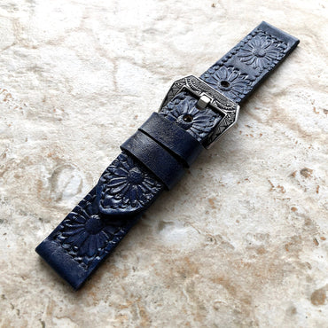 Daisy Flower Limited New Blue Band 22mm 24mm 25mm Compatible with Apple Watch Fitbit Versa 2 3 4 Sense 2 Ionic Embossed Real Leather Strap