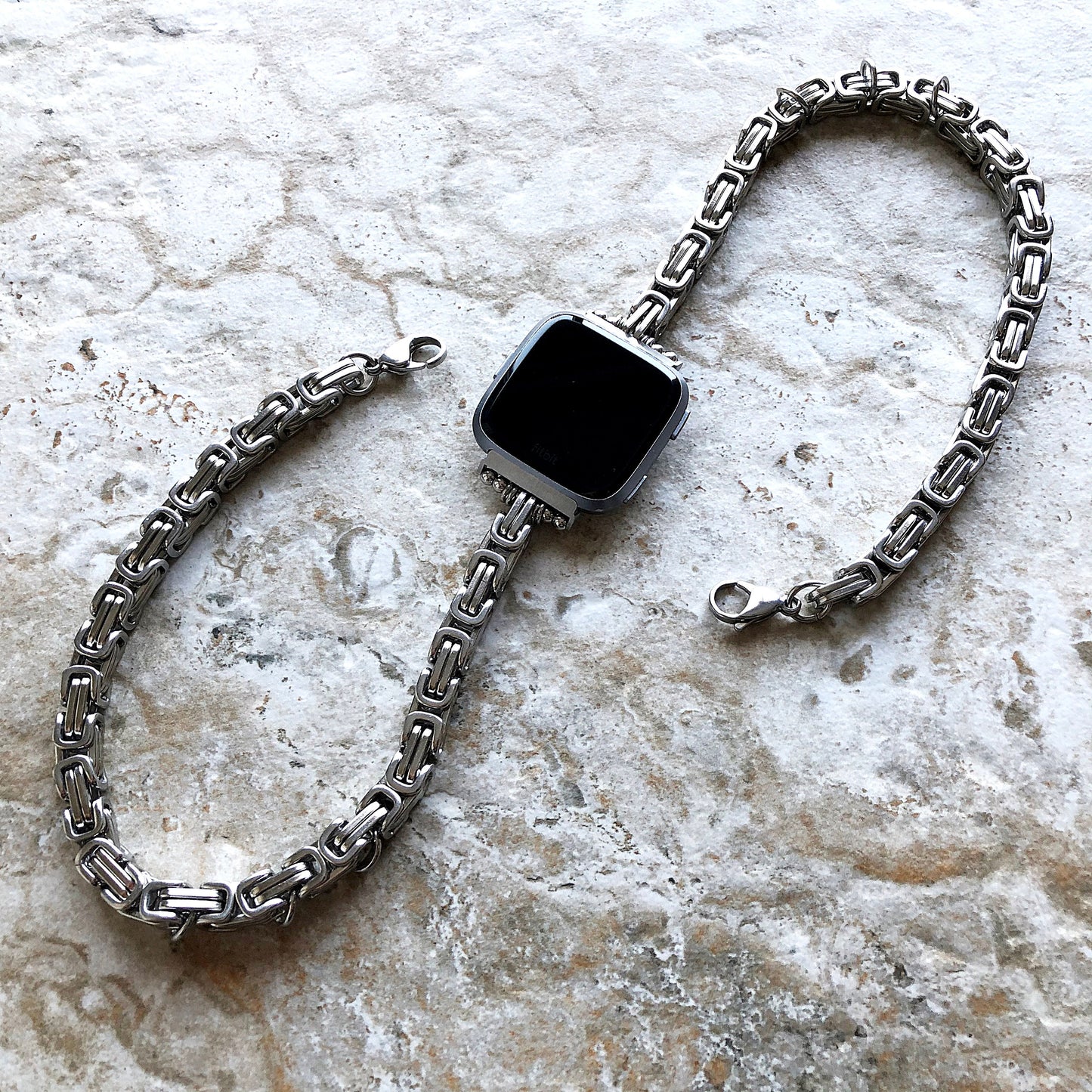 Fitbit Versa 2 3 4 Sense 2 Handmade Bracelet Band Byzantine Chain 8mm Triple Around Wrist Style Tarnish Resistant Silver Stainless Steel