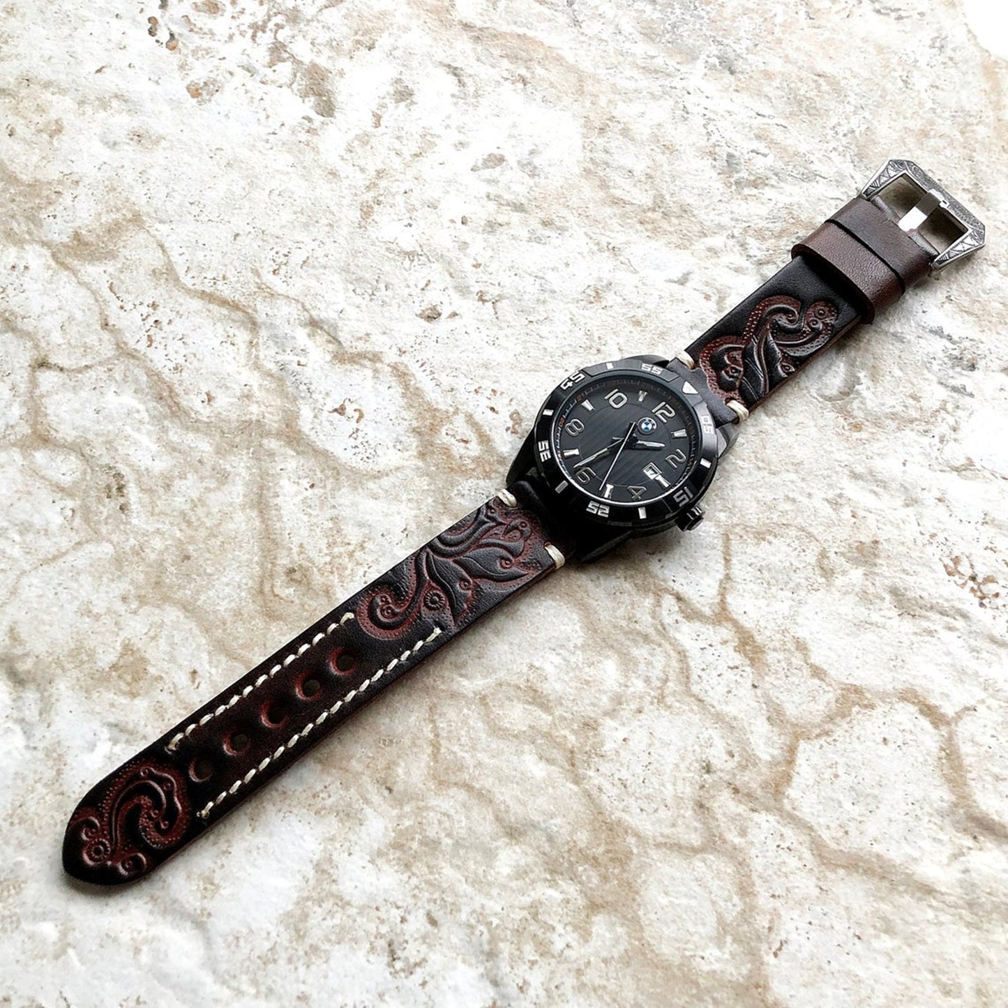 Garmin Dark Brown Leather Band for Forerunner 265S 255S Vivoactive 4S Vivomove 3S Captain Marvel Rey Tooled Embossed Handmade -B18