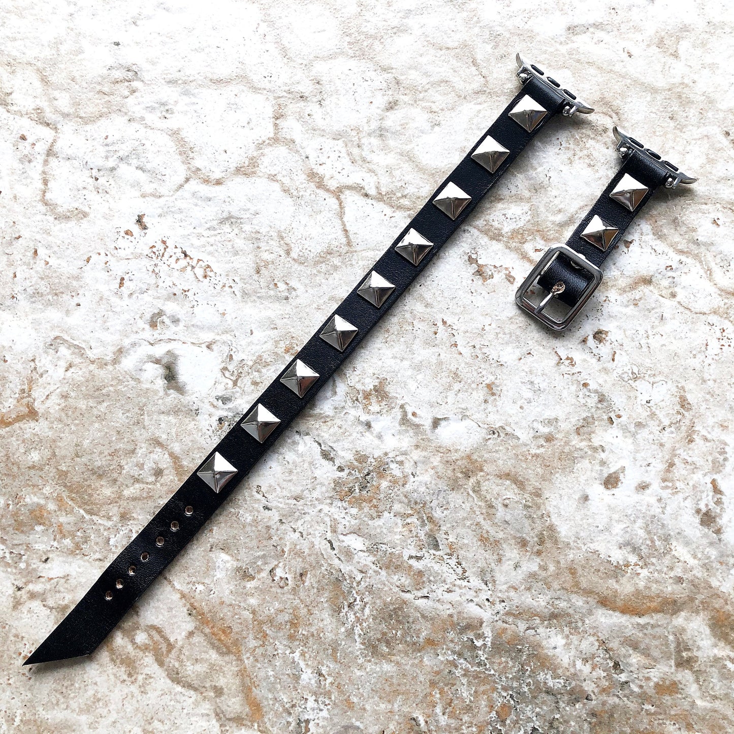 Apple Band for iWatch Ultra 2 9 8 7 SE 6 5 4 3 2 1 38mm 40mm 41mm 42 44 45mm 49mm Black Leather & Silver Pyramids Bracelet Twice Double Wrap