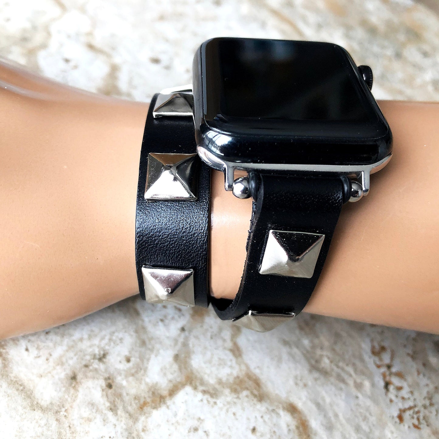 Apple Band for iWatch Ultra 2 9 8 7 SE 6 5 4 3 2 1 38mm 40mm 41mm 42 44 45mm 49mm Black Leather & Silver Pyramids Bracelet Twice Double Wrap