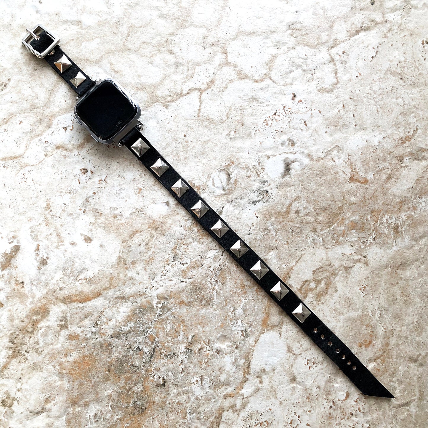 Fitbit Versa 2 3 4 Sense 2 New Black Leather Bands with Silver Color Pyramids Bracelet Twice Double Wrap Around Wrist Straps Style Unisex