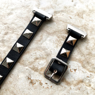 New Bands for Fitbit Ionic Versa Sense Charge Inspire Black Leather with Silver Color Pyramids Bracelet Twice Double Wrap Around Wrist Strap