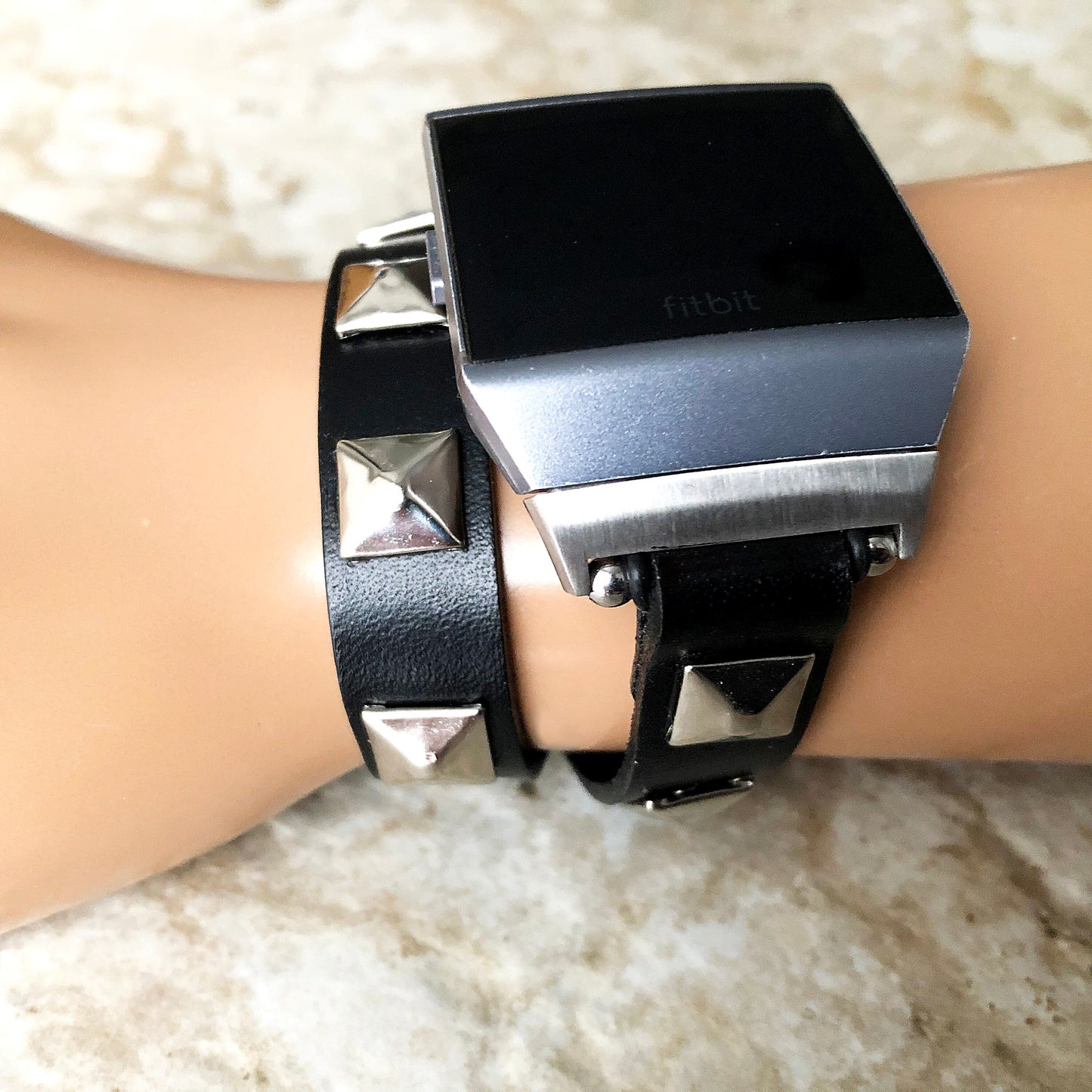 New Bands for Fitbit Ionic Versa Sense Charge Inspire Black Leather with Silver Color Pyramids Bracelet Twice Double Wrap Around Wrist Strap