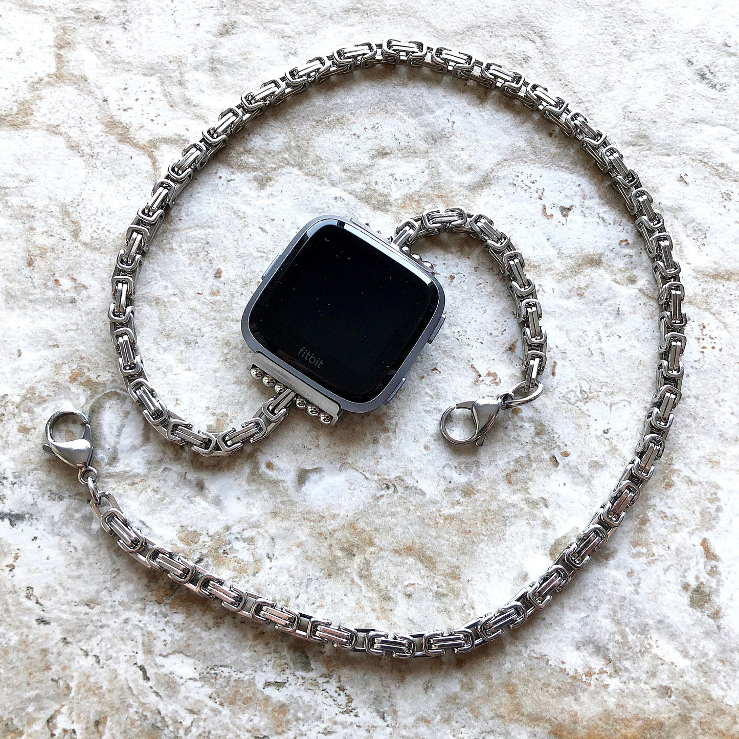 Fitbit Versa 2 3 4 Sense 2 Handmade Bracelet Band Byzantine Chain 4mm Triple Around Wrist Style Tarnish Resistant Silver Stainless Steel