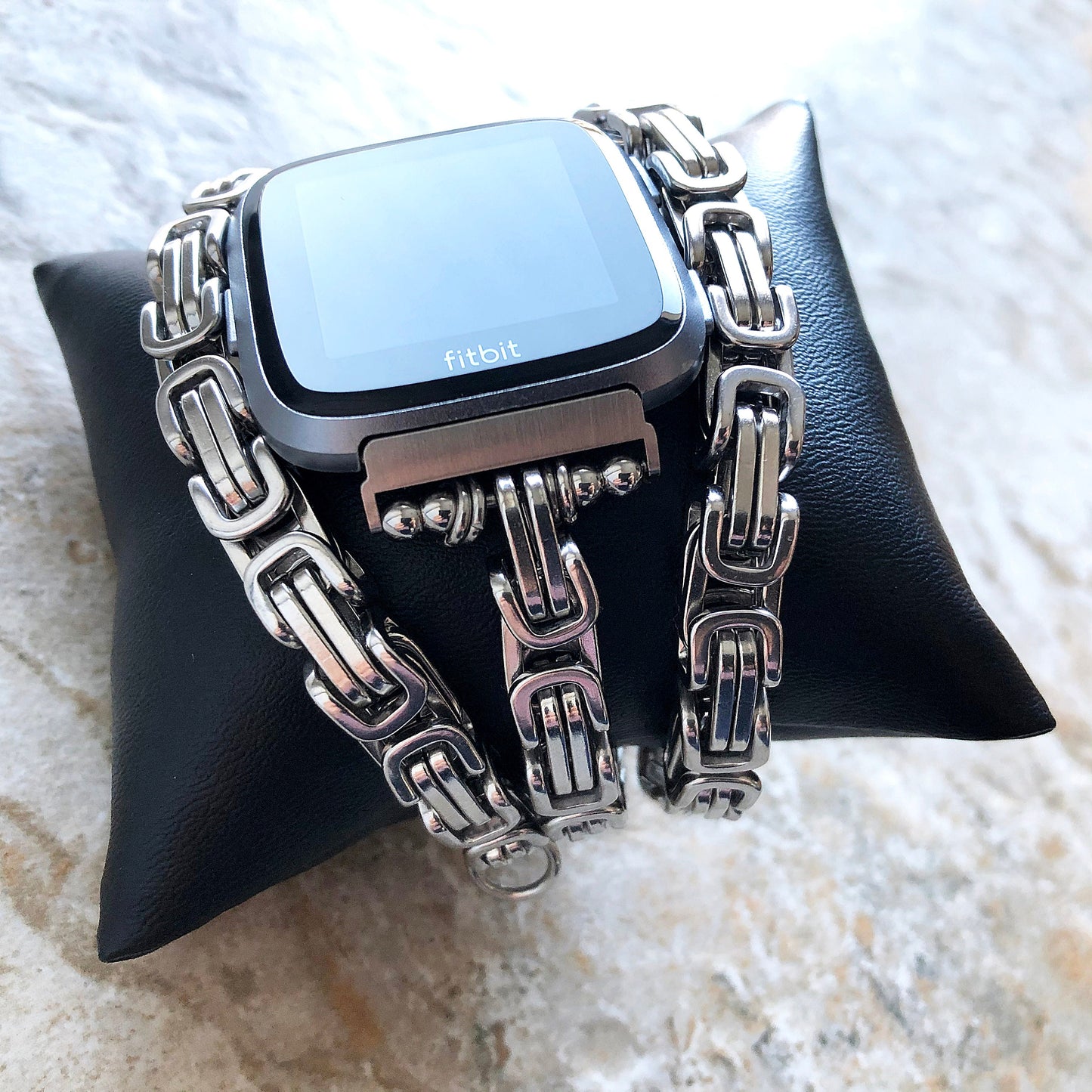 Fitbit Versa 2 3 4 Sense 2 Handmade Bracelet Band Byzantine Chain 8mm Triple Around Wrist Style Tarnish Resistant Silver Stainless Steel